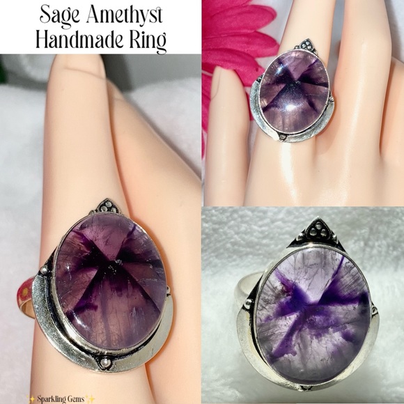 💜 Sage Amethyst Quartz 💜 Chunky Handmade Halo Ring - Picture 2 of 7